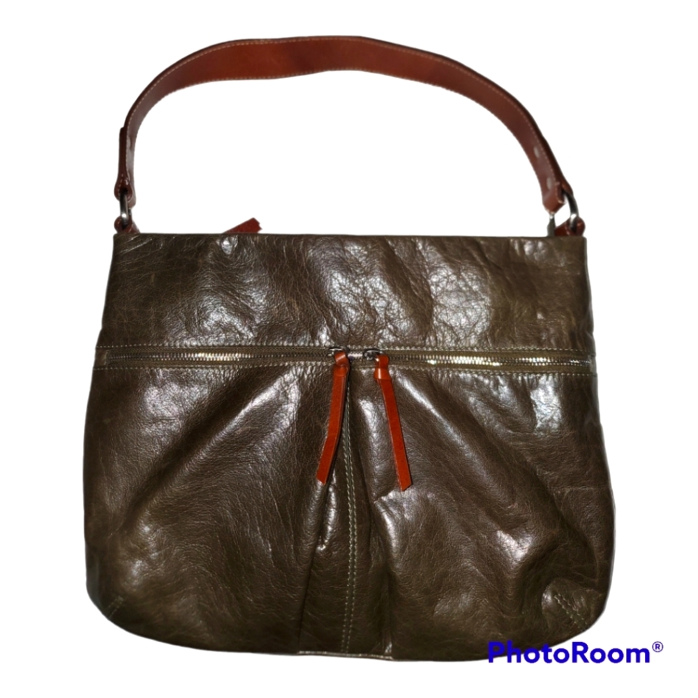 Nino BOSSI Genuine Leather Shoulder Bag Deep Olive Silver (EUC)